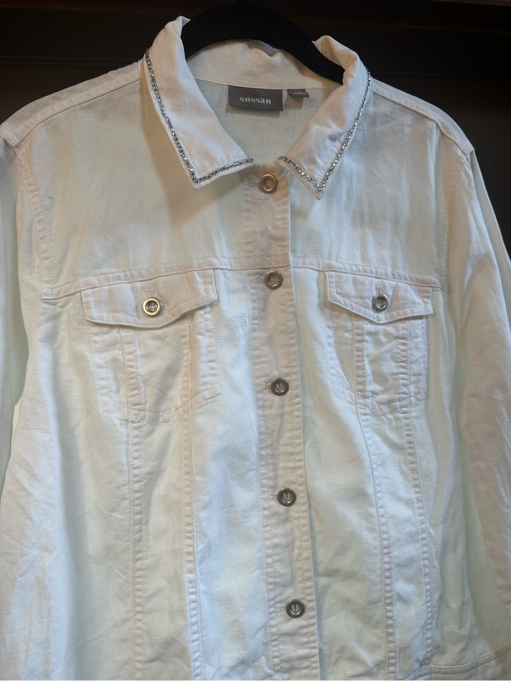 Sussan White Embellished Collar Linen Blend Jacket Size 16